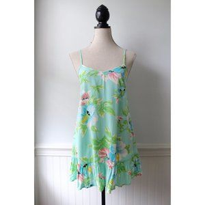 Chloe K Summer Tropical Floral Print Mini Dress in Blue Green with Ruffles Small